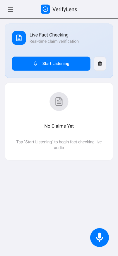 VerifyLens start listening interface