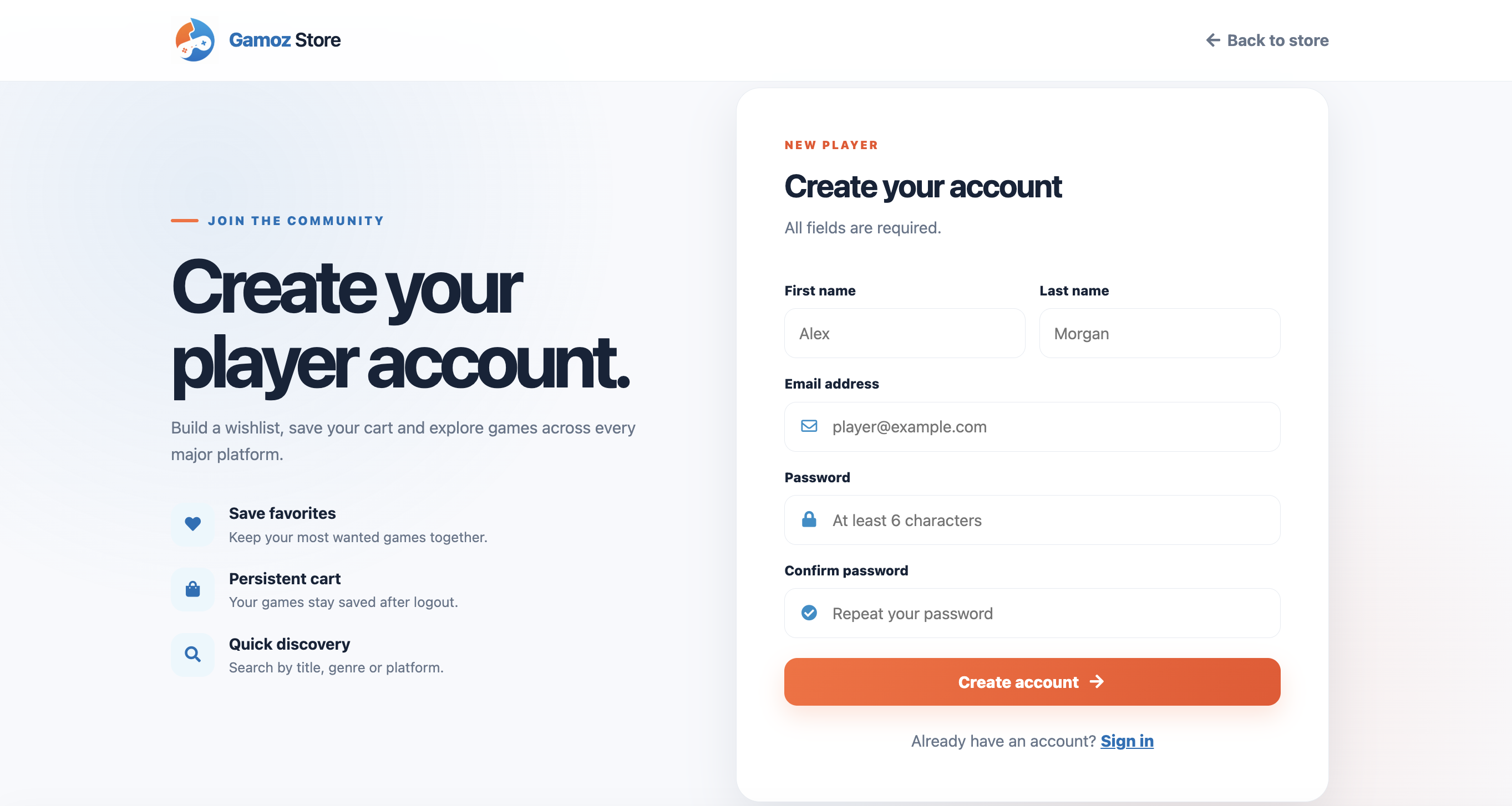 Gamoz Store account registration page