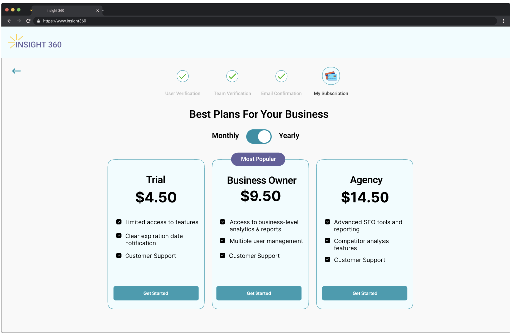Insight 360 subscription selection screen with three pricing plans